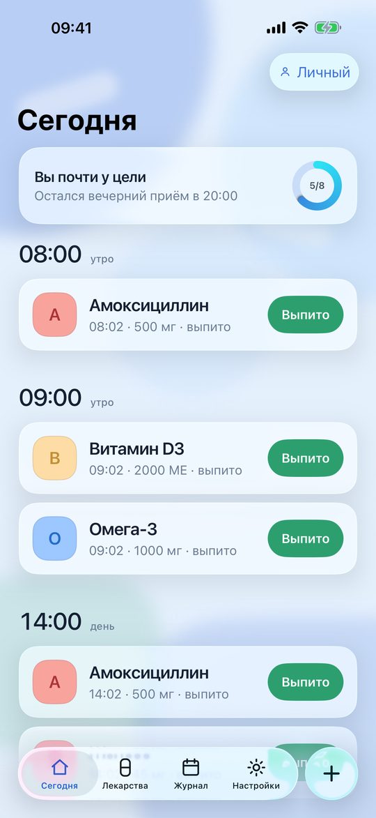 Экран «Сегодня» в приложении Таблетница на iPhone